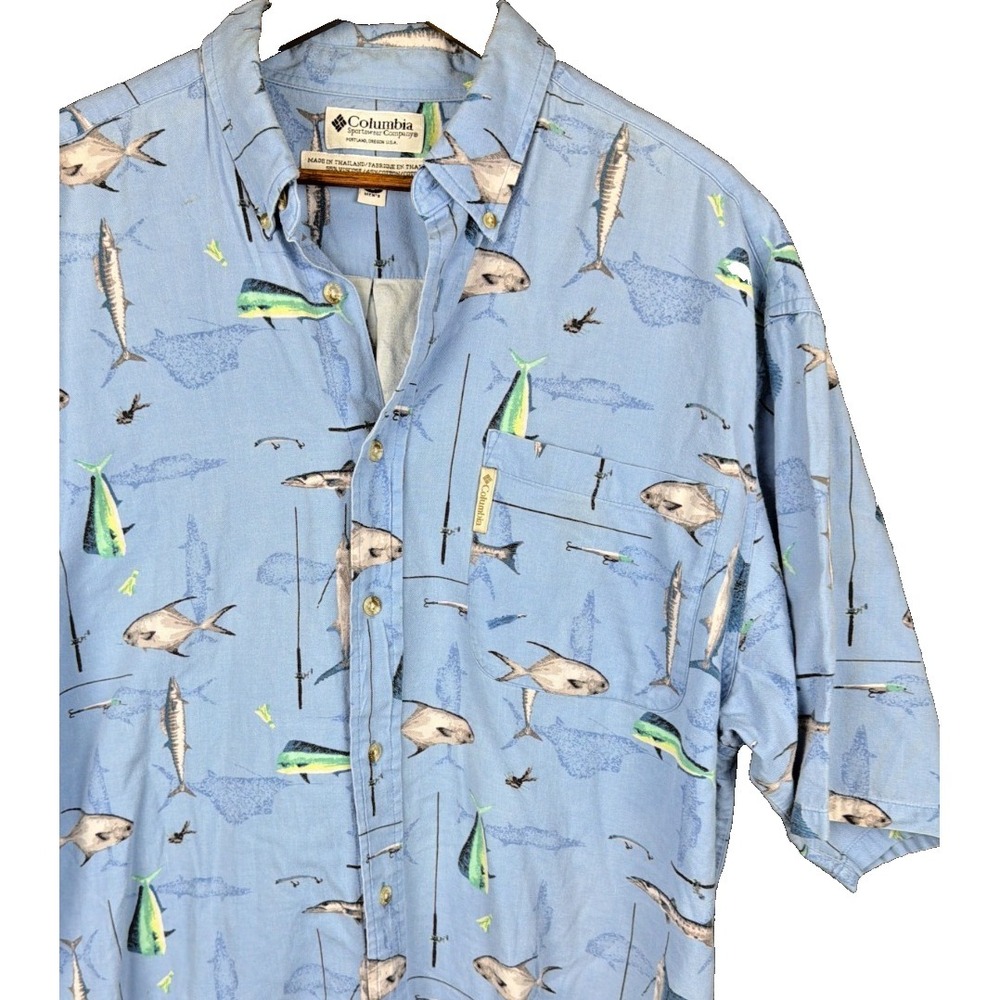 Columbia Sportswear Men L Fishing Shirt Mahi Marlin Novelty Casual Button Down